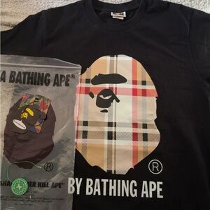 A Bathing Ape Black Tee with Plaid Ape Design